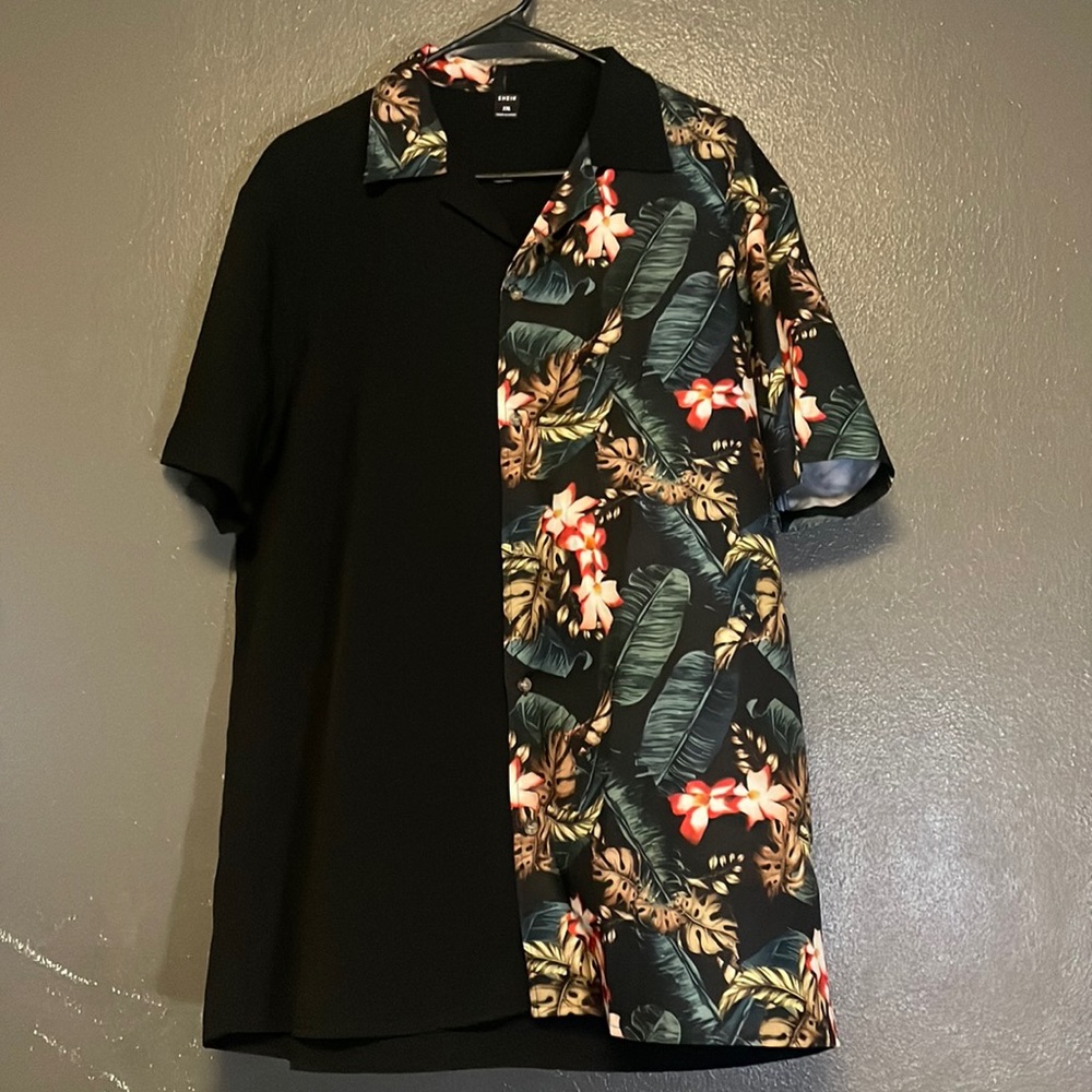 Aloha button up. Half panel black, half panel floral print.